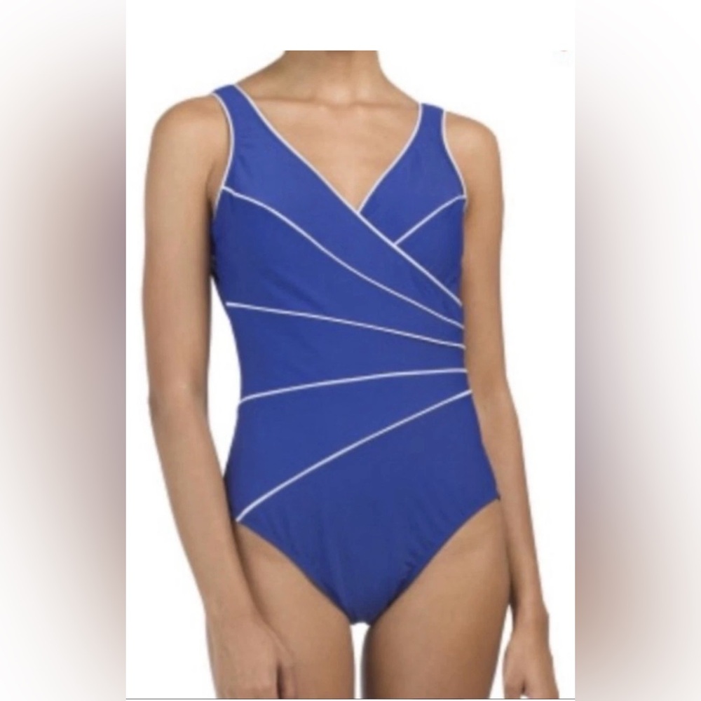 Miraclesuit 8 Swimsuit One Piece Blue Striped Womens Shelf Bra New $158